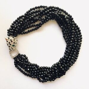 Kenneth Jay Lane Crystal Rhinestone Panther Torsade Necklace with Black Beads